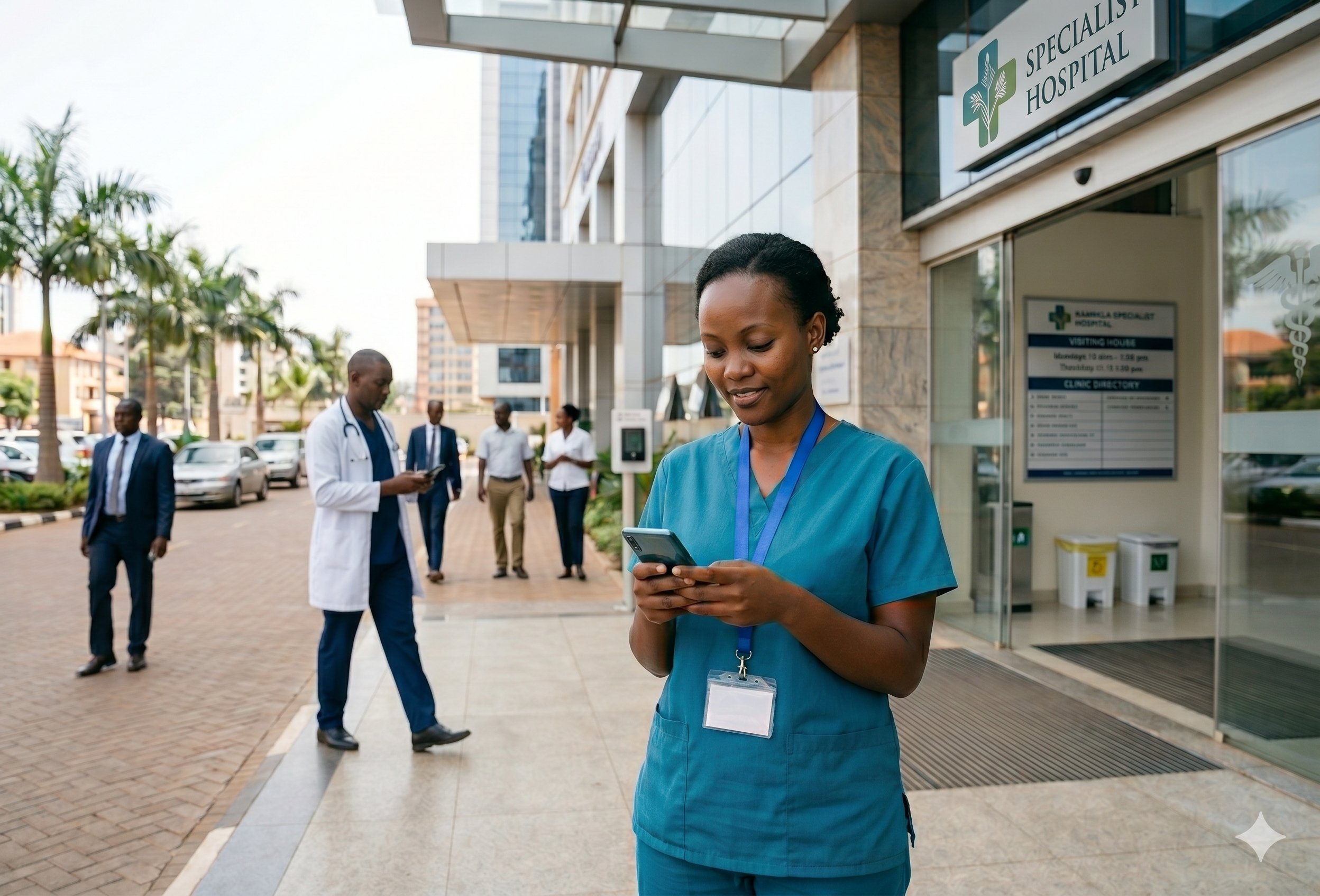 A health worker checking in on a phone